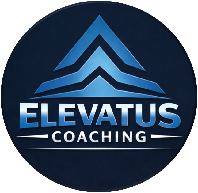 Circular navy blue Elevatus Coaching logo featuring a layered upward arrow symbol in gradient blue tones above the words Elevatus Coaching and the tagline The Life Reset Company.