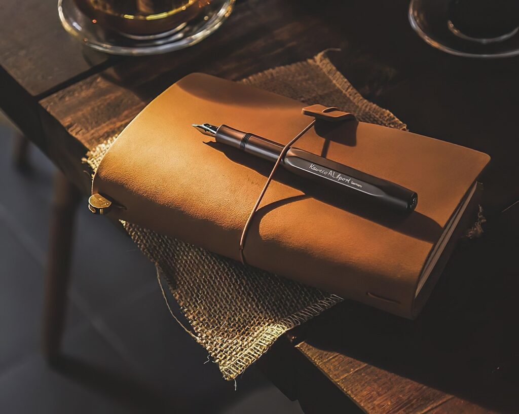 Leather journal with a fountain pen on a wooden table, symbolizing clarity, reflection, and structured growth through transformational resilience.