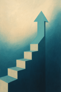 A symbolic staircase rising into an upward arrow, representing personal growth, transformational resilience, and the Elevatus C2R2E journey of rebuilding life step by step.