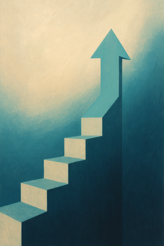 A symbolic staircase rising into an upward arrow, representing personal growth, transformational resilience, and the Elevatus C2R2E journey of rebuilding life step by step.