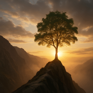 Lone tree growing on a mountain peak at sunrise, symbolizing growth, strength, and transformational resilience within the Elevatus C2R2E framework.