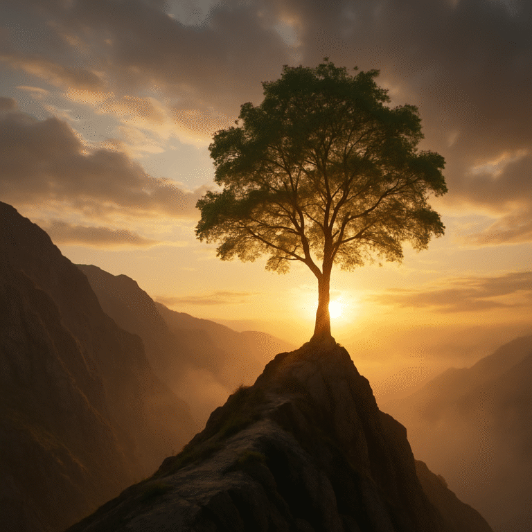 Lone tree growing on a mountain peak at sunrise, symbolizing growth, strength, and transformational resilience within the Elevatus C2R2E framework.