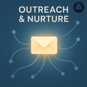 Email outreach and nurture graphic representing the Elevatus C2R2E approach to transformational resilience in business growth, showing a glowing envelope symbolizing strategic connection and trust-building.
