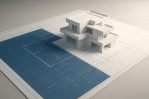 Architectural blueprint with a white 3D house model on top, symbolizing structured life rebuilding through transformational resilience and the Elevatus C2R2E framework.