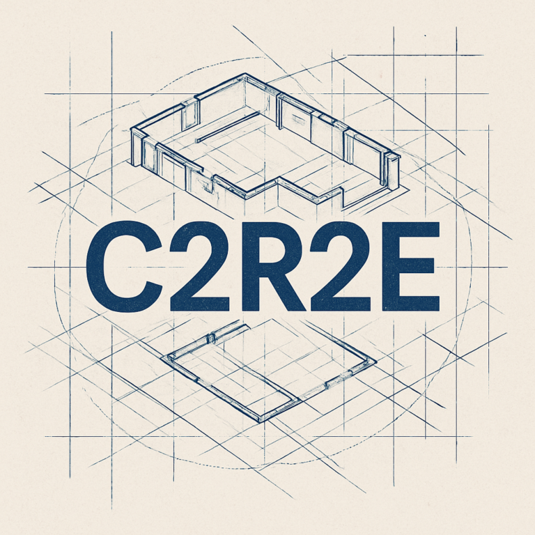 Abstract blueprint-style image representing the C2R2E Blueprint and transformational resilience for rebuilding life after disruption