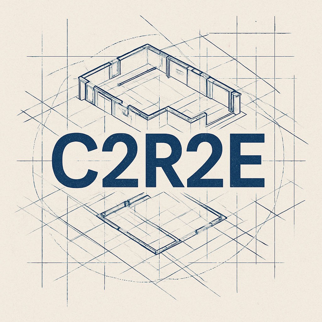 Abstract blueprint-style image representing the C2R2E Blueprint and transformational resilience for rebuilding life after disruption