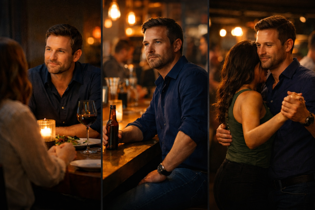 Man observed across different social settings including dinner, a bar, and dancing, illustrating how behavior consistency reveals dating alignment and emotional clarity.