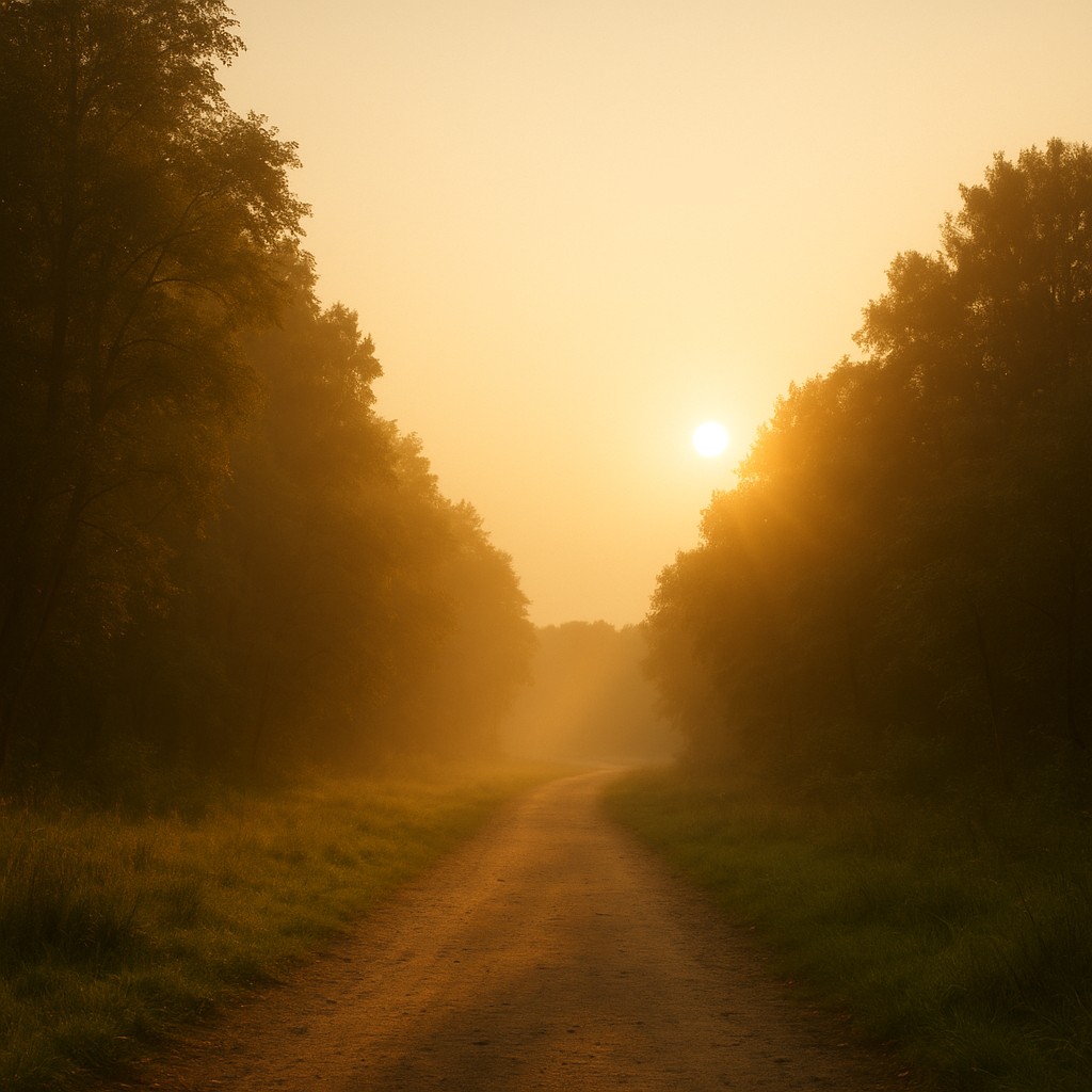 Sunlit forest path at dawn with warm golden light and soft morning fog, representing Realignment in the Elevatus C2R2E framework and the calm beginning of transformational resilience.