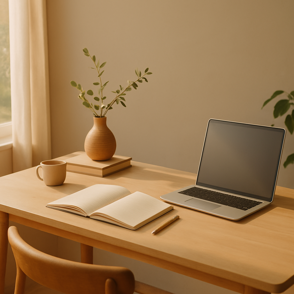 A warm, inviting workspace with soft natural light, an open notebook, a laptop, and a small plant on a wooden desk, symbolizing calm clarity and the structure behind transformational blogging systems.