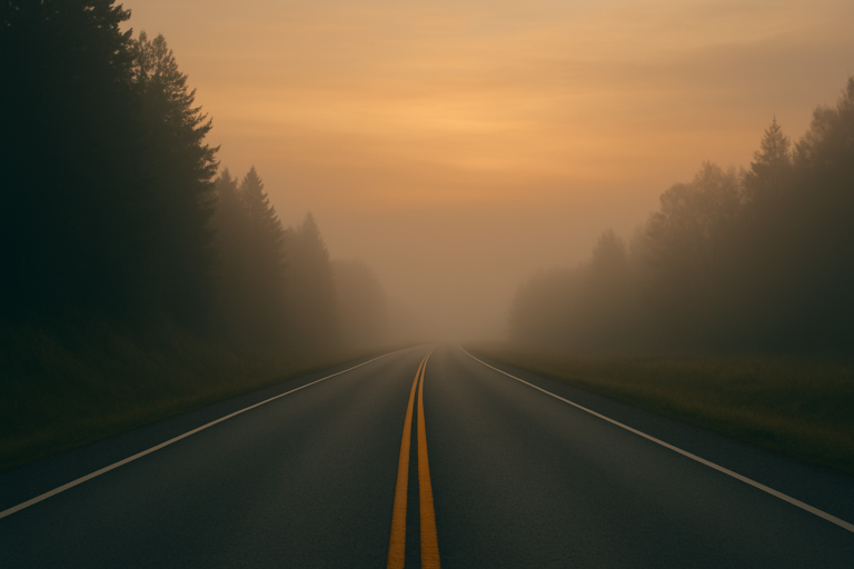 A quiet empty road stretches forward through soft morning fog with warm sunrise light breaking through, symbolizing clarity and direction returning during the Reclamation stage of transformational resilience.