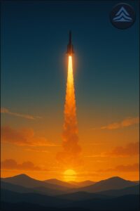 A cinematic illustration of a rocket launching at sunrise above layered mountain ranges, symbolizing new beginnings, life resets, and the Elevatus Coaching concept of Transformational Resilience and the C2R2E Framework.