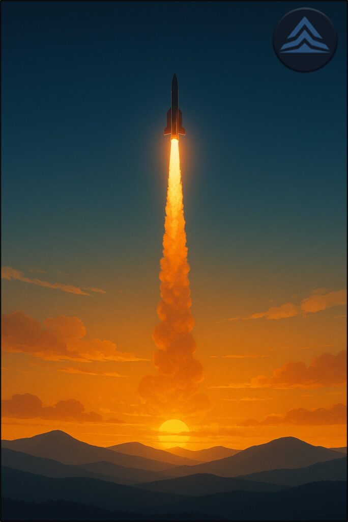 A cinematic illustration of a rocket launching at sunrise above layered mountain ranges, symbolizing new beginnings, life resets, and the Elevatus Coaching concept of Transformational Resilience and the C2R2E Framework.
