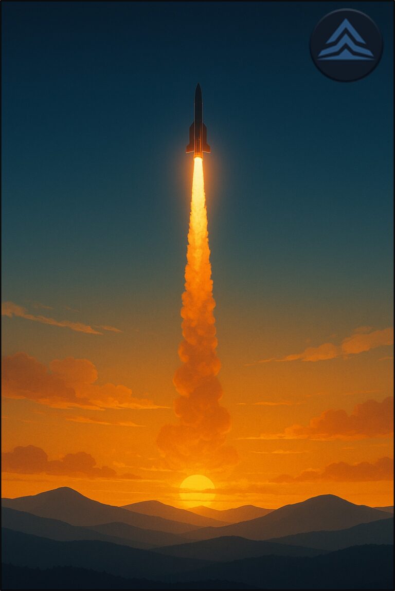 A cinematic illustration of a rocket launching at sunrise above layered mountain ranges, symbolizing new beginnings, life resets, and the Elevatus Coaching concept of Transformational Resilience and the C2R2E Framework.