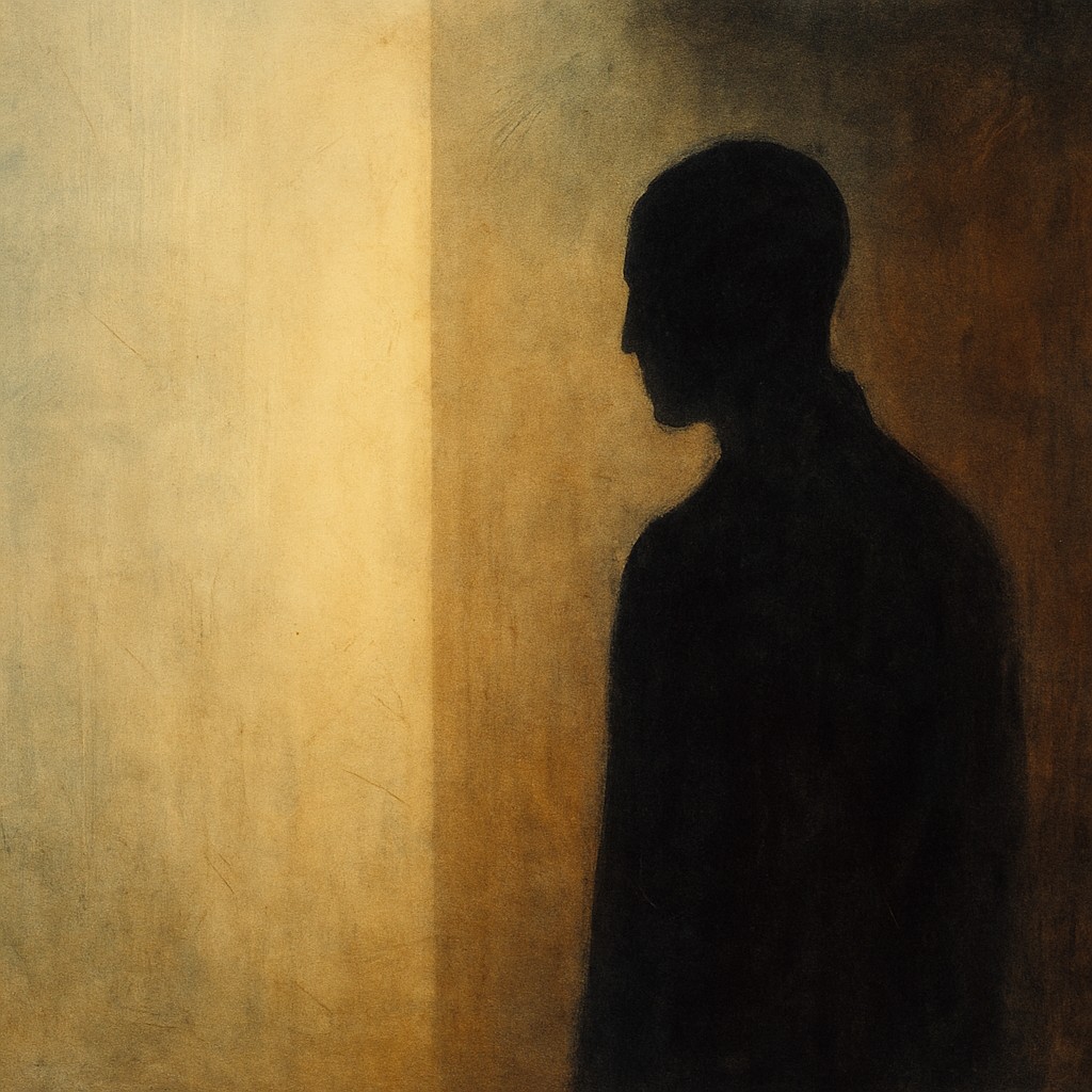 Abstract silhouette facing soft light, symbolizing the confrontation phase of transformational resilience in the Elevatus C2R2E journey.