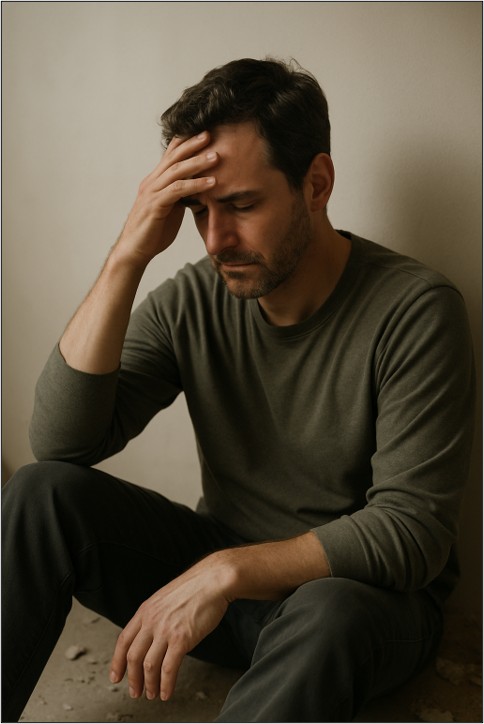 Man sitting against a softly lit wall with his eyes closed and hand on his forehead, capturing a quiet moment of emotional collapse and the beginning of transformational resilience.