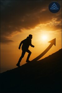 Silhouette of a person climbing a steep hill toward a rising sun with an upward arrow, symbolizing the transformational resilience framework and the C2R2E path of rebuilding life.