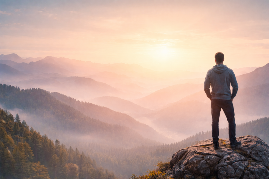 A man standing on a mountain overlooking a misty landscape at sunrise, symbolizing transformational resilience, clarity after disruption, and finding purpose beyond religious frameworks.