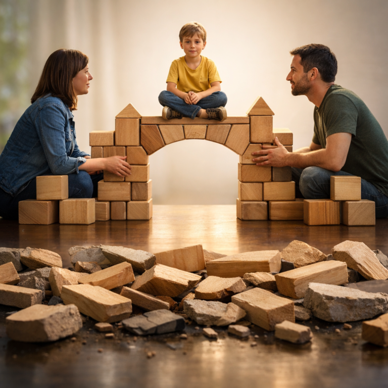 Parents working together to build a stable bridge for their child, symbolizing transformational resilience and a structured co-parenting reset built on clarity and stability.