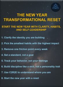 Transformational Resilience New Year Reset infographic with the C2R2E framework and practical steps for building identity, habits, discipline, and a clear new-year direction.