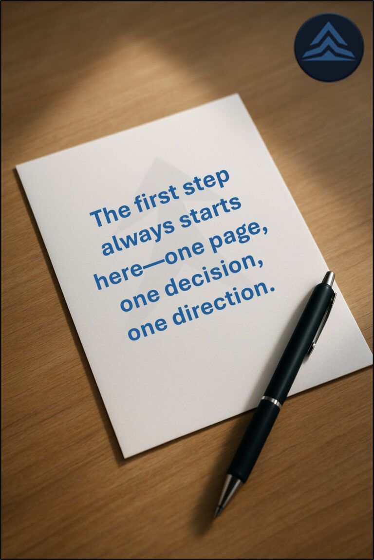 A blank sheet of paper with a pen resting on it and a faint upward arrow watermark, symbolizing Launch Power, Transformational Resilience, and the beginning of the C2R2E journey.