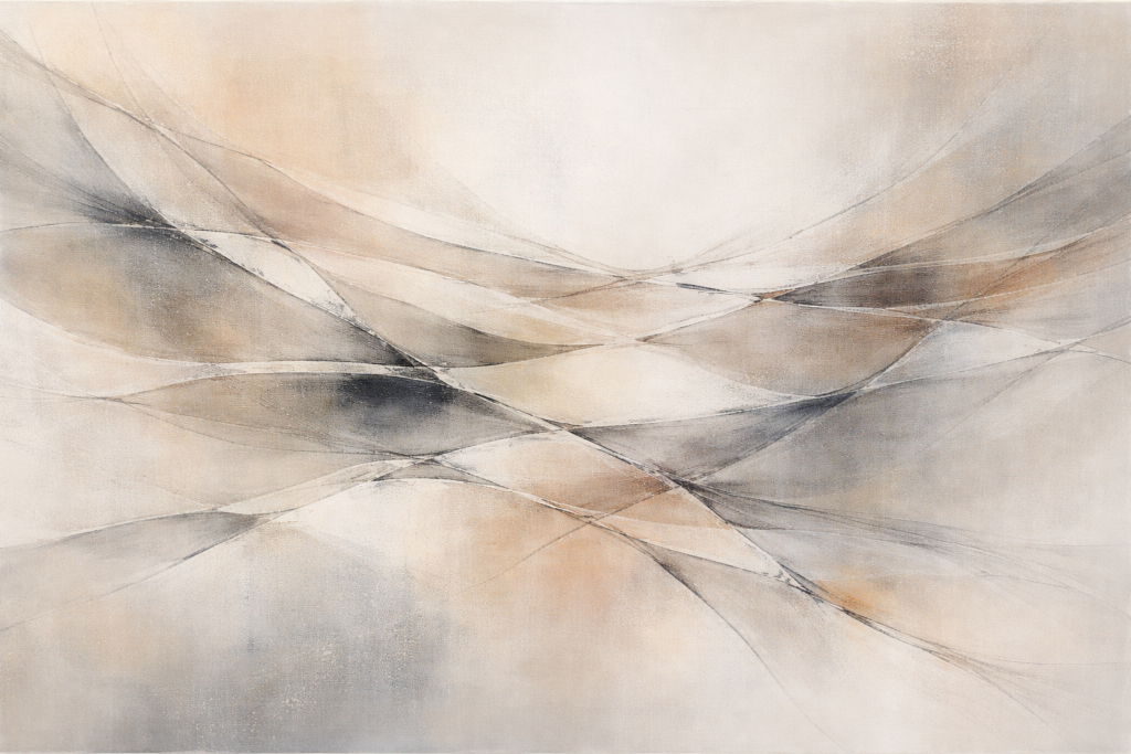 Abstract artwork showing misaligned flowing lines in muted tones representing emotional fatigue, inner tension, and transformational resilience during periods of personal change.