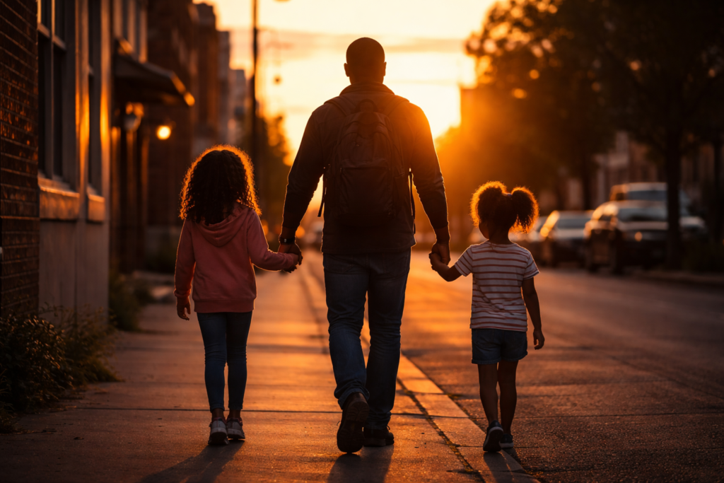 Single father walking with his two daughters at sunset, symbolizing transformational resilience, protection, and generational change.