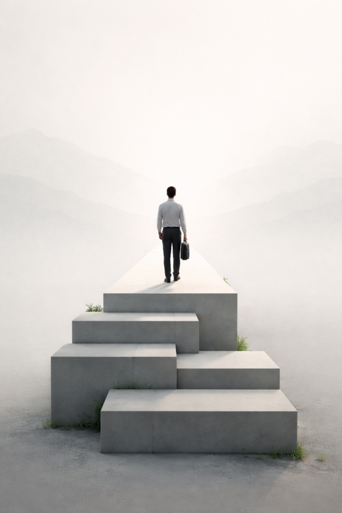 A person standing at the edge of a structured path, facing an open and uncertain horizon, symbolizing transformational resilience and post stability disorientation after reaching a growth ceiling.