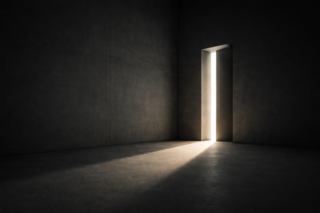 Transformational resilience represented by a minimalist architectural threshold of light, symbolizing disciplined change, clarity, and new direction without reliance on New Year resolutions.