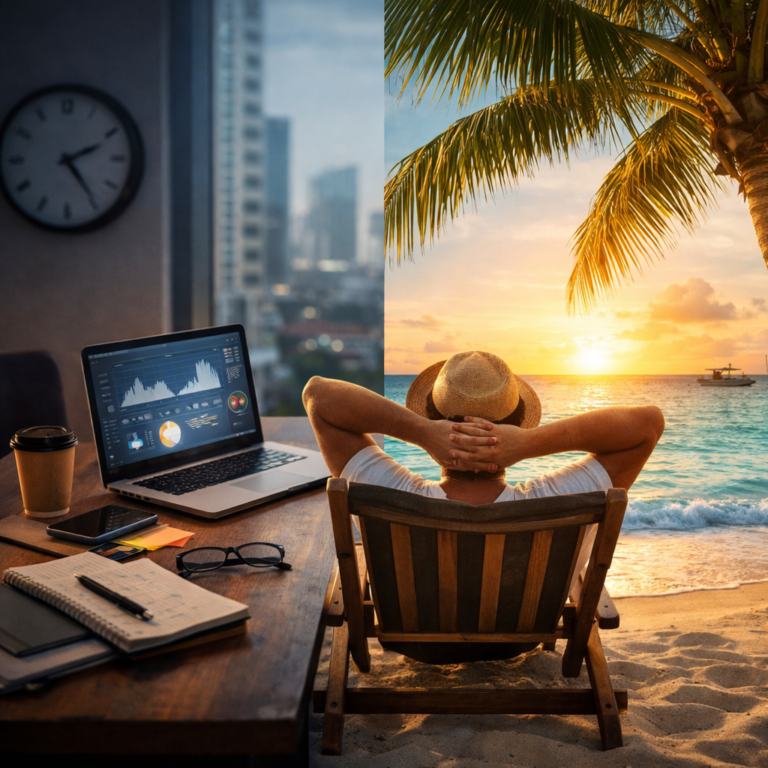 Alt Text (Accessibility + SEO) Split image showing a busy office workspace with a laptop and phone on one side and a person sitting at the beach at sunset on the other, representing transformational resilience and the tension between constant work and living life