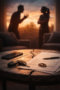 Symbolic image of separated parents facing conflict over a parenting plan without clarity