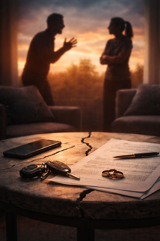 Symbolic image of separated parents facing conflict over a parenting plan without clarity