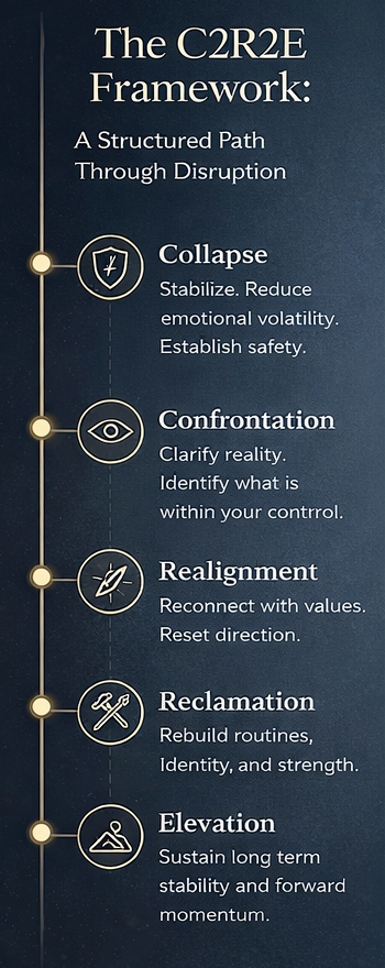 C2R2E Framework infographic showing the five stages of transformational resilience: Collapse, Confrontation, Realignment, Reclamation, and Elevation in a structured vertical sequence.