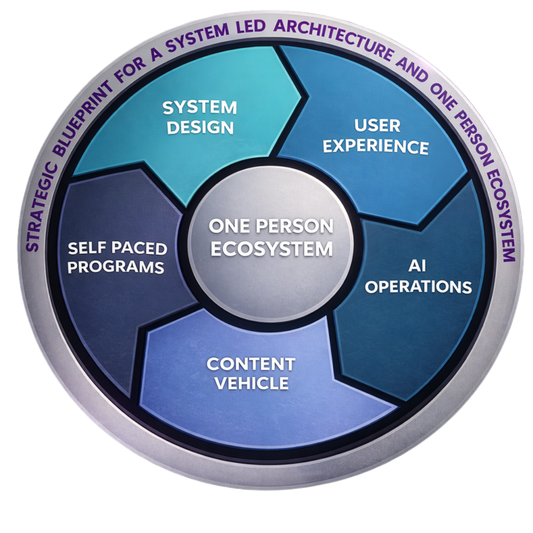 Circular diagram showing a one person ecosystem with five components: system design, user experience, AI operations, content vehicle, and self paced programs, centered around a system led architecture for transformational resilience.