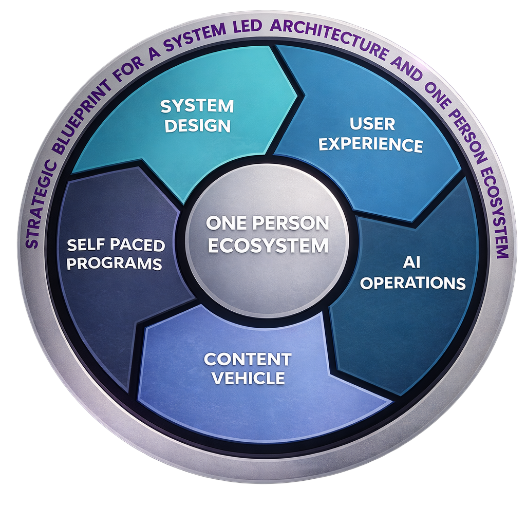 Circular diagram showing a one person ecosystem with five components: system design, user experience, AI operations, content vehicle, and self paced programs, centered around a system led architecture for transformational resilience.