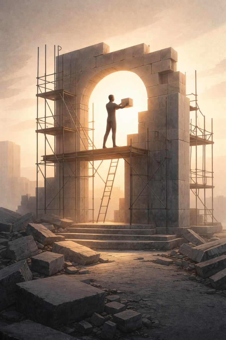 A statue under reconstruction surrounded by scaffolding, representing identity reconstruction and transformational resilience through rebuilding internal structure after life disruption.