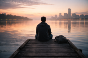 A solitary figure standing still in an open space, representing clarity after prolonged survival and transformational resilience.