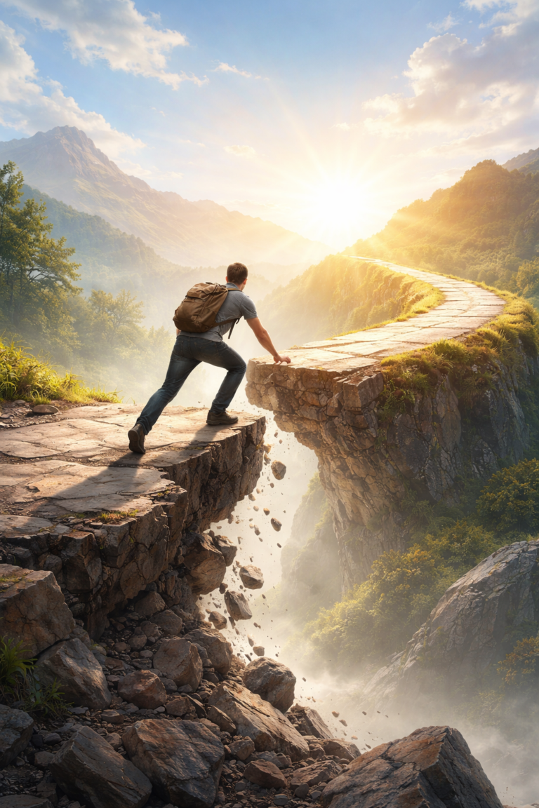 Man climbing from a broken cliff edge toward a sunlit mountain path representing transformational resilience and moving forward through life transitions