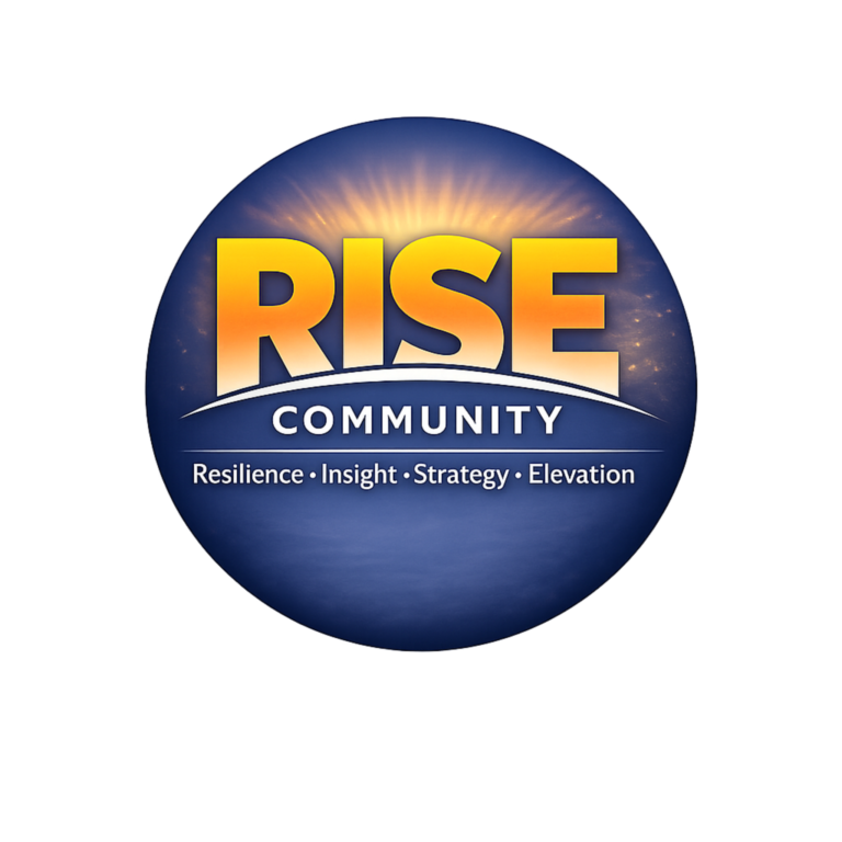 RISE Community logo featuring a sunrise over bold lettering representing resilience, insight, strategy, and elevation