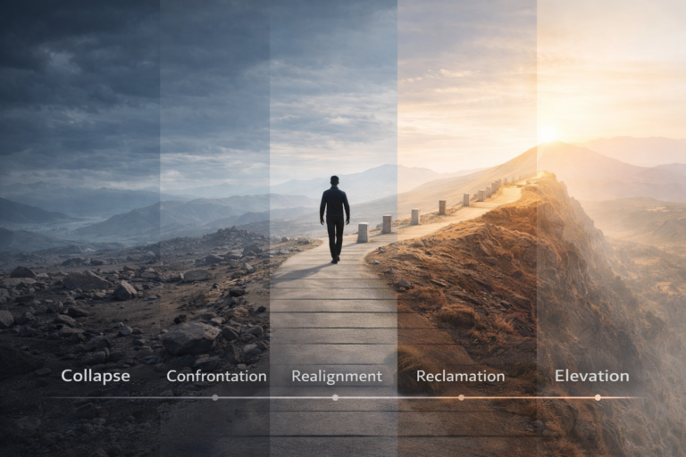Conceptual illustration showing the five stages of the C2R2E framework: Collapse, Confrontation, Realignment, Reclamation, and Elevation representing the structured process of transformational resilience.