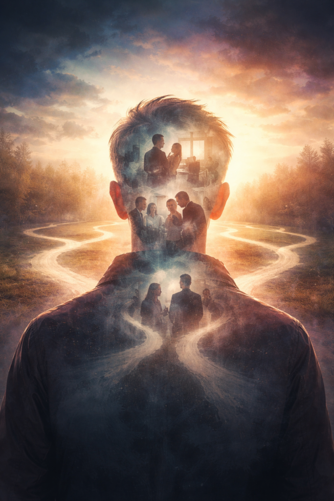 A reflective digital image of a man facing an internal version of himself, symbolizing identity reconstruction, inner conflict, and transformational resilience during life transitions.