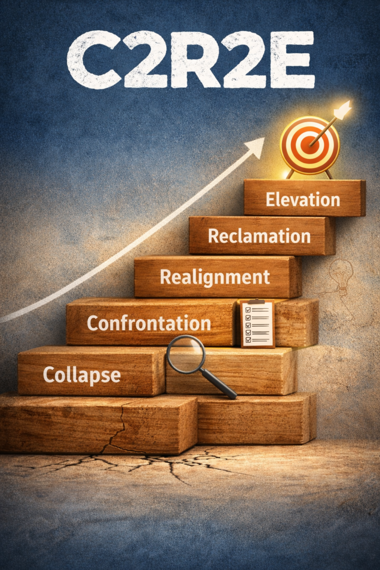 Illustration of the C2R2E framework shown as five rising wooden steps labeled Collapse, Confrontation, Realignment, Reclamation, and Elevation, with an upward arrow and target representing growth after disruption.