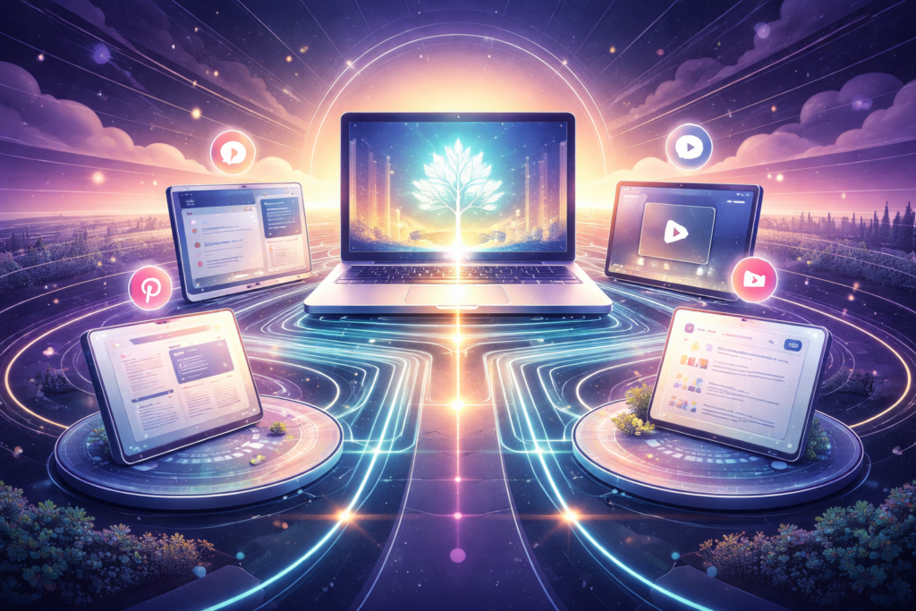 A glowing digital hub at the center of a connected ecosystem, with multiple screens and pathways representing a website linked to content, video, community, and platform growth.