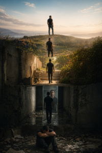 Cinematic vertical image showing a five-phase journey from collapse and confrontation to realignment, reclamation, and elevation, representing life transition into transformation.