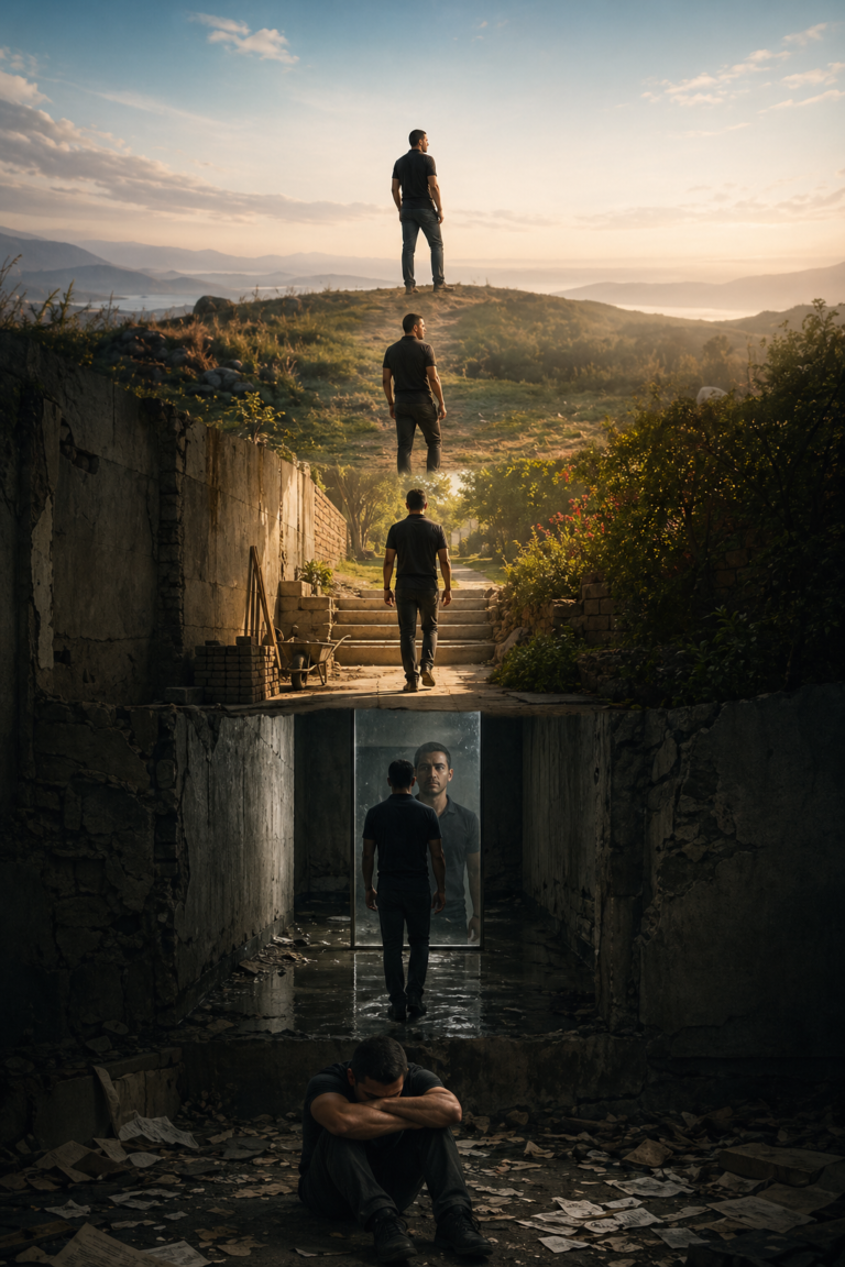 Cinematic vertical image showing a five-phase journey from collapse and confrontation to realignment, reclamation, and elevation, representing life transition into transformation.