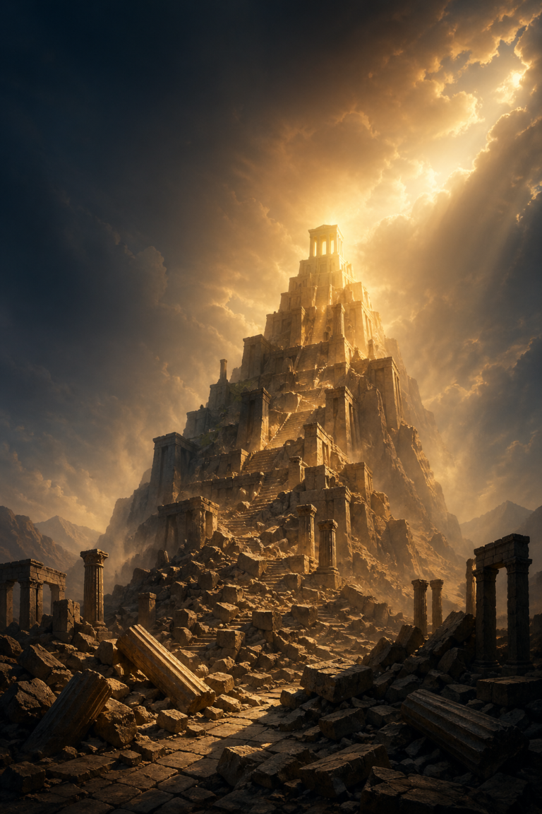 Cinematic stone structure rising from rubble into golden light, symbolizing transformational resilience, life disruption, and elevation