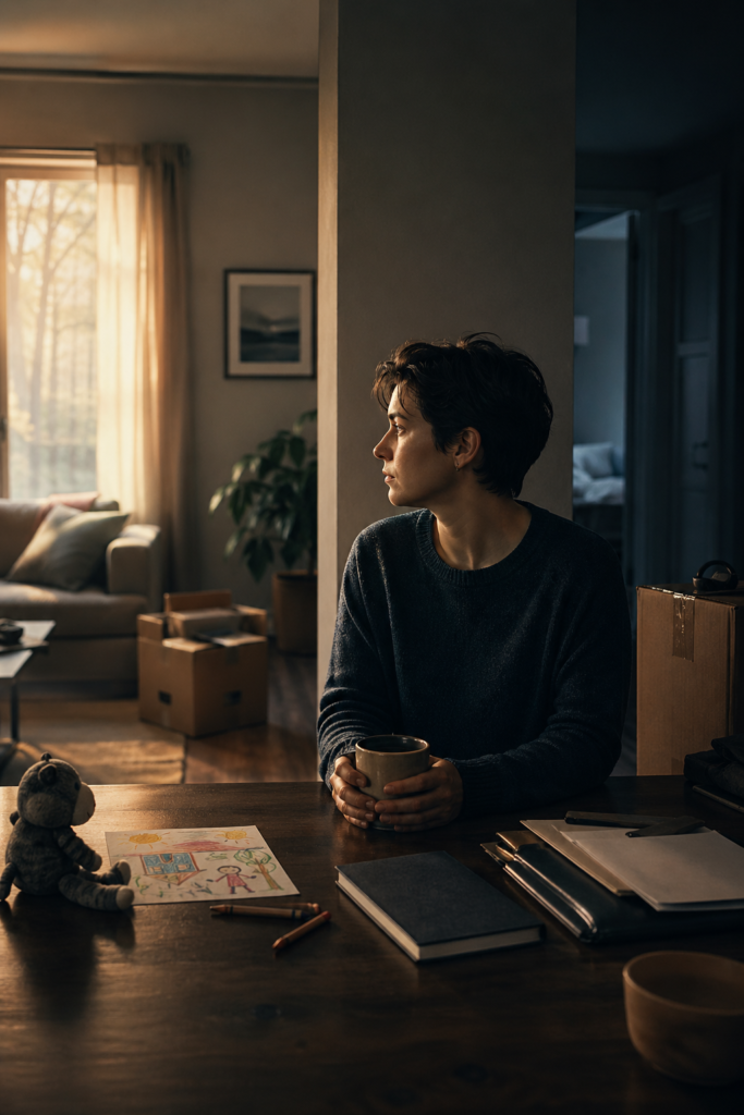 A reflective person sitting in a softly lit home with moving boxes, a child’s drawing, papers, and a notebook, representing divorce, co-parenting conflict, custody stress, and the emotional disruption of rebuilding life after loss.