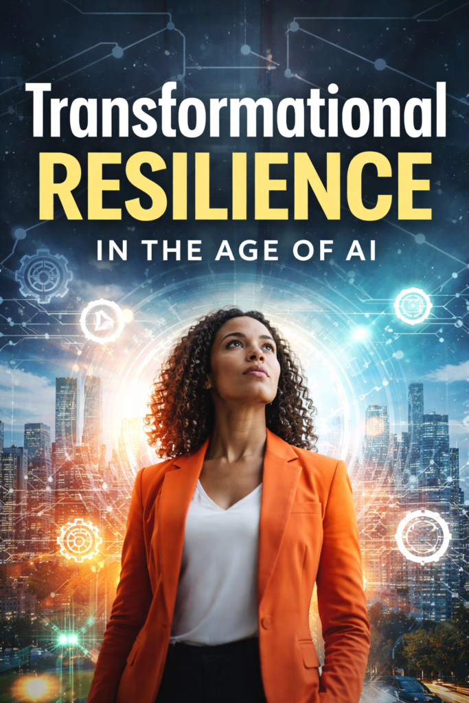 Woman standing in a digital city scene representing transformational resilience, AI disruption, and the future of work