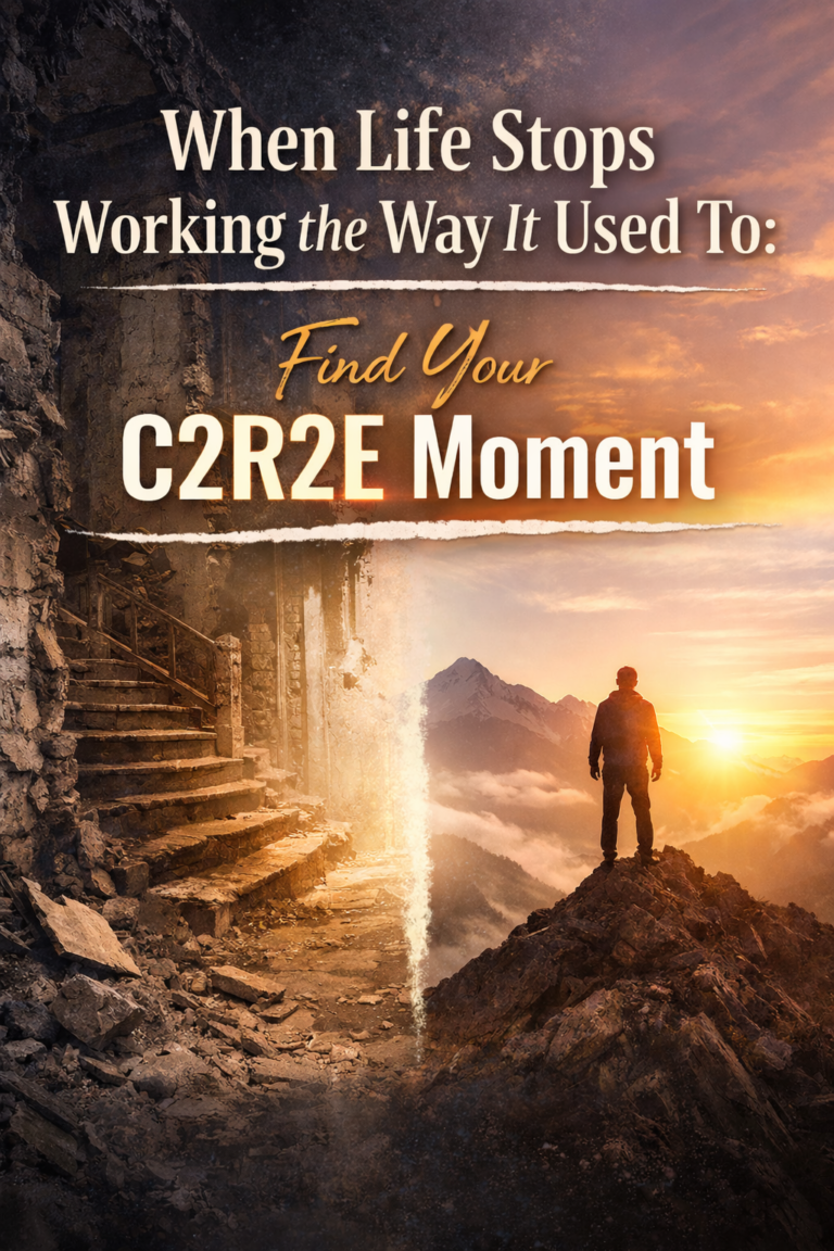Pinterest graphic showing a split scene between разрушed ruins and a mountain sunrise with the text, “When Life Stops Working the Way It Used To: Find Your C2R2E Moment.”