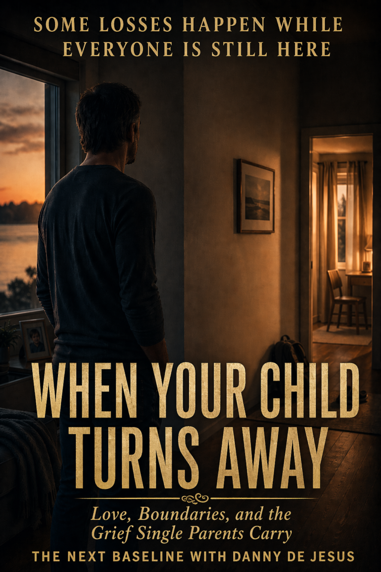 Cinematic poster image of a father standing alone in a dim hallway at sunset, representing the grief of becoming estranged from a child.