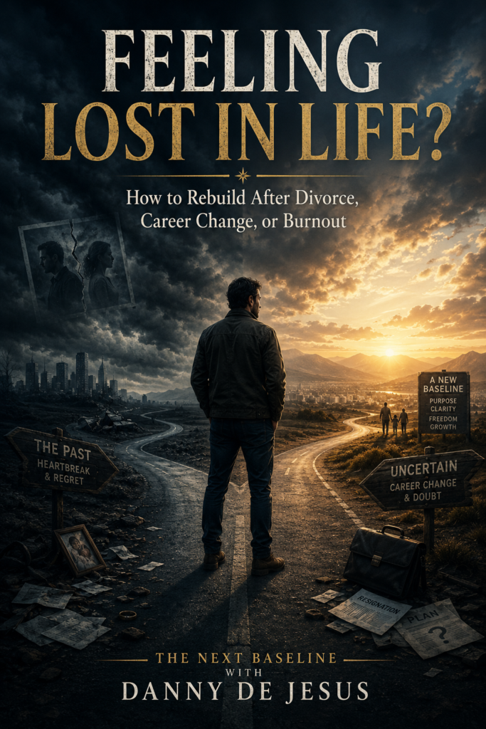 Cinematic poster of a man at a crossroads after divorce, career change, and burnout, moving toward a new baseline.